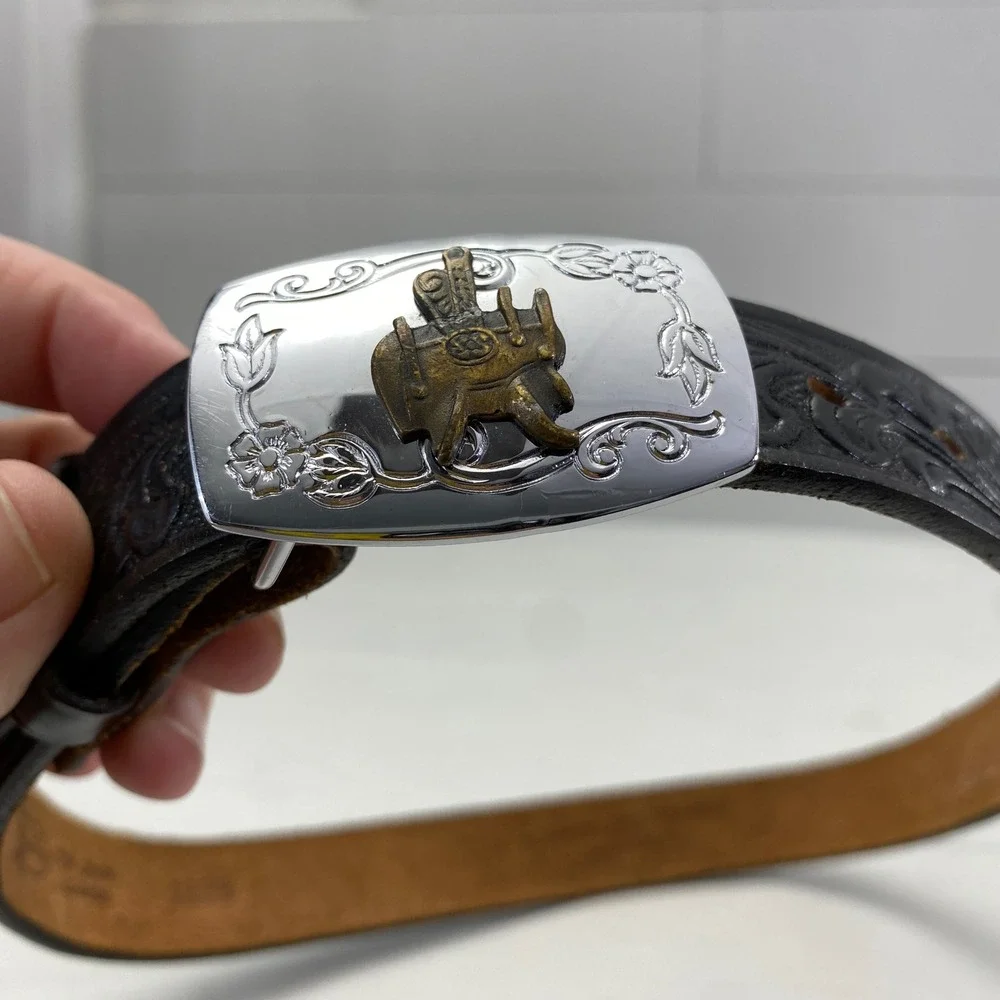 Justin Western Floral Tooled Leather Belt Kids Size 24 Black Cowboy Buckle vtg
